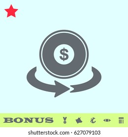 Money transfer icon flat. Grey pictogram on blue background. Vector illustration symbol and bonus buttons medal, cow, earth, eye, calculator