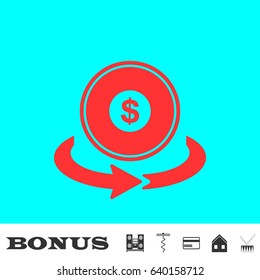 Money transfer icon flat. Red pictogram on blue background. Vector illustration symbol and bonus buttons Music center, corkscrew, credit card, house, drum