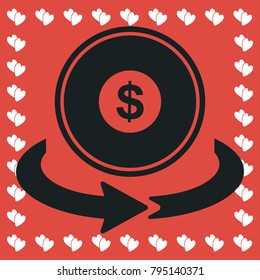 Money transfer icon flat. Simple black pictogram on red background with white hearts for valentines day. Vector illustration symbol