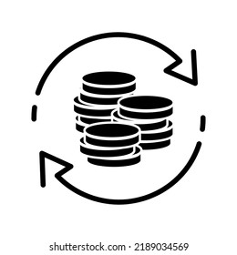 Money transfer icon in flat style. Coin reload icon isolated on white background. Money symbol. Simple abstract exchange icon in black. Vector coin stack illustration for graphic design, Web, UI, app