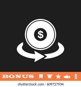 Money transfer icon flat. White pictogram on black background. Vector illustration symbol and bonus button tooth, vase, star, mirror, bottle