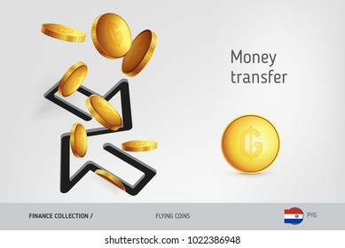 Money transfer icon with flying Paraguayan Guarani coins, finance concept. Vector illustration for print, websites, web design, mobile app, infographics.