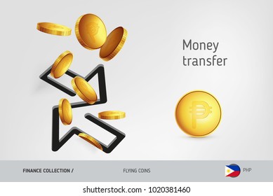 Money transfer icon with flying Philippine Peso coins, finance concept. Vector illustration for print, websites, web design, mobile app, infographics.