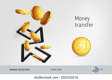 Money transfer icon with flying Uruguayan Peso coins, finance concept. Vector illustration for print, websites, web design, mobile app, infographics.