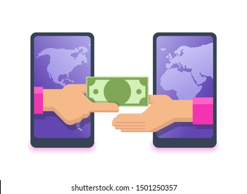 Money transfer icon - international financial transaction concept - two phones with world map and  outstretched hands holds money 