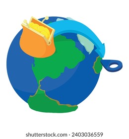 Money transfer icon isometric vector. Planet earth with pointer and coin wallet. International remittance, financial concept