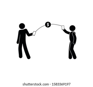 money transfer icon from a phone, stick figure pictogram man sent money to a friend, people isolated silhouettes