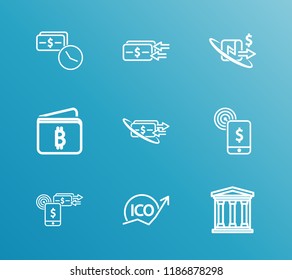 Money transfer icon set and bitcoin wallet with bank credit secure, cryptocurrency ico and loan money time. Blockchain related money transfer icon vector for web UI logo design.