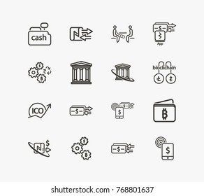 Money transfer icon set with blockchain trade, ICO and bribery corruption fraud. Set of money transfer icon related vector for web mobile logo UI. Vector illustration of money transfer icon set.