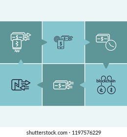 Money transfer icon set and machine nfc payment with loan money time, cashier pos terminal and blockchain litecoin zcash. Virtual money related money transfer icon vector for web UI logo design.