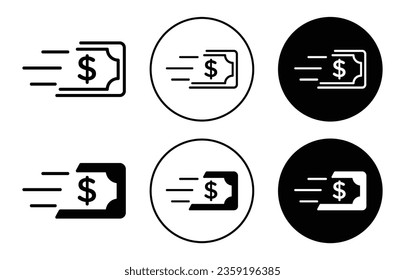 Money transfer icon set. send deposits vector symbol. pay salary icon. fast payment sign in black filled and outlined style.