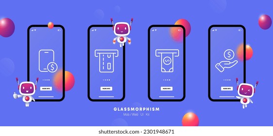 Money transfer icon set. Transferring money between individuals or organizations. Financial concept. Glassmorphism. UI phone app screen. Vector line icon for Business