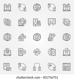 Money transfer icon set. Vector sending and receiving money symbols in thin line style. Electronic funds transfer concept signs