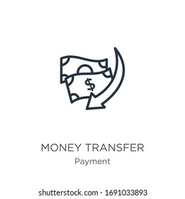 Money transfer icon. Thin linear money transfer outline icon isolated on white background from payment collection. Line vector sign, symbol for web and mobile