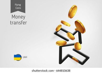 Money transfer icon with Ukrainian hryvnia coins, finance concept.