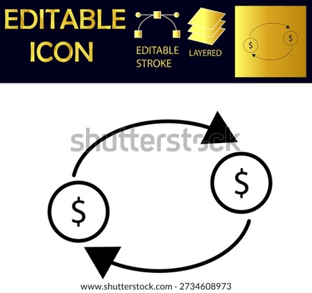 Money transfer icon vector with layered structure and editable strokes designed for mobile UI interfaces. Scalable EPS vector suitable for banking finance and digital design projects. Fully editable in vector software.

