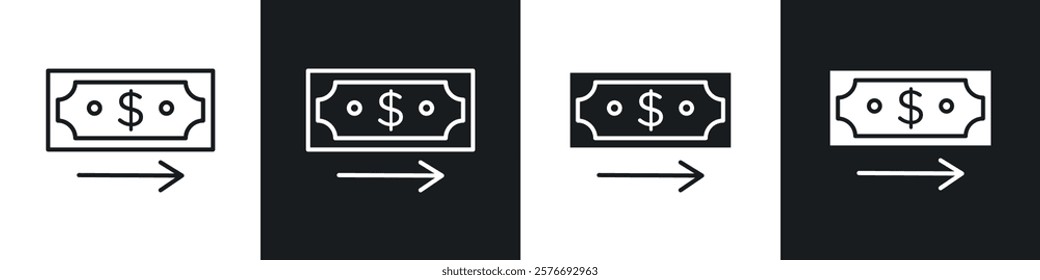 Money transfer icons collection in black and white solid and line style