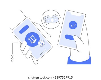 Money transfer isolated cartoon vector illustrations. Hands with smartphone, using banking app to transfer money, banking service, peer-to-peer network, business people vector cartoon.