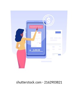 Ilustración del vector de concepto aislado de transferencia de dinero. Transferencia de dinero de persona con smartphone y aplicación de banca en línea, banco comercial, tecnología moderna, gestión de concepto de vector de transacciones.