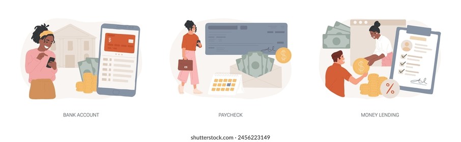 Money transfer isolated concept vector illustration set. Bank account, paycheck, money lending, online banking, savings deposit, payroll, bank credit card details, vector concept.