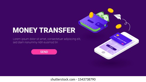 Money transfer isometric concept. Smartphone and wallet. Sending money. Vector