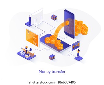 Money transfer isometric web banner. Internet banking mobile application isometry concept. Online money transaction and payment service 3d scene design. Vector illustration with people characters.