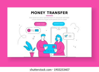 Money transfer landing page banner template. Contemporary man using modern banking app on smartphone and credit card to transfer money remotely to faraway girlfriend. Flat style illustration