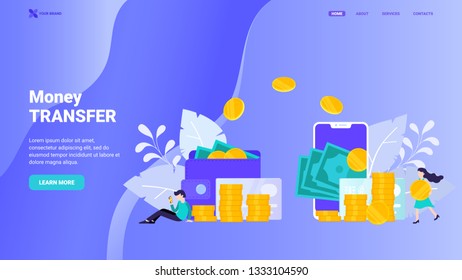 Money transfer landing page template, easy to use and customize. Flat vector illustration with small characters for banner, web site, hero image. Online payment, online money transaction, payment.