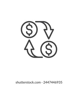 Money Transfer line icon. linear style sign for mobile concept and web design. Dollar coins and arrows outline vector icon. Currency conversion symbol, logo illustration. Vector graphics