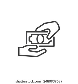 Money Transfer line icon. linear style sign for mobile concept and web design. Two hands exchanging cash outline vector icon. Symbol, logo illustration. Vector graphics