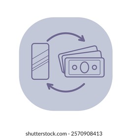 Money transfer line icon. Using mobile phone and app for money transaction. Finance, technology concept. Vector illustration, symbol element for web design and apps