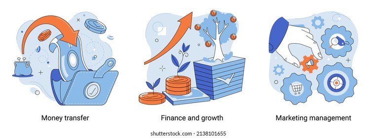 Money transfer metaphor, finance and growth, marketing management, business theme set. Teamwork to achieve goal and increase results and profits, accounting audit, project promotion strategy