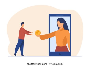 Money transfer mobile app. Person giving cash to phone user from cell screen. Flat vector illustration. Online or electronic payment, finance concept for banner, website design or landing web page