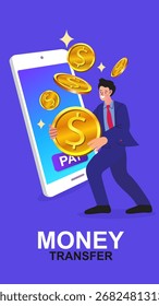 Money transfer and mobile banking concept. A businessman receives gold coins from a smartphone. Vector for online payment, digital wallet, finance technology, and e-commerce.