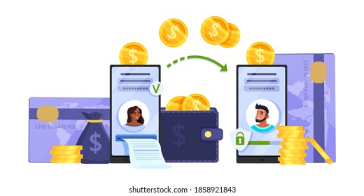 Money transfer or mobile online transaction vector concept with smartphones with credit cards and coins. Digital finance or e-wallet cartoon illustration with avatar people. Safe online internet transaction