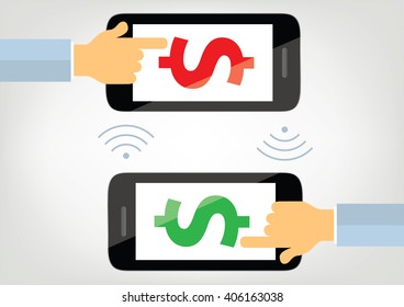 money transfer with mobile phone concept illustration with dollar signs on smartphone