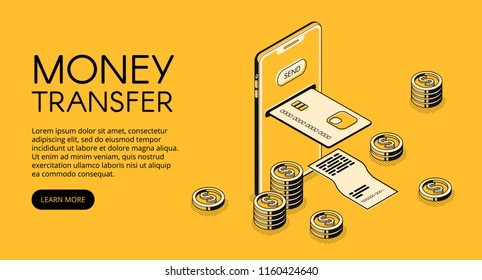 Money transfer mobile phone technology vector illustration of online bank payment in smartphone application. Isometric black thin line credit card and transaction receipt on yellow halftone background