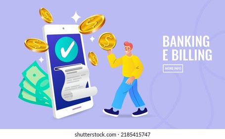 Money transfer, Mobile Wallet concept for banner, mobile app. Payment Aproved. Easy Payments. pay money with mobile phone banking e billing. man with financial paper. vector illustration.