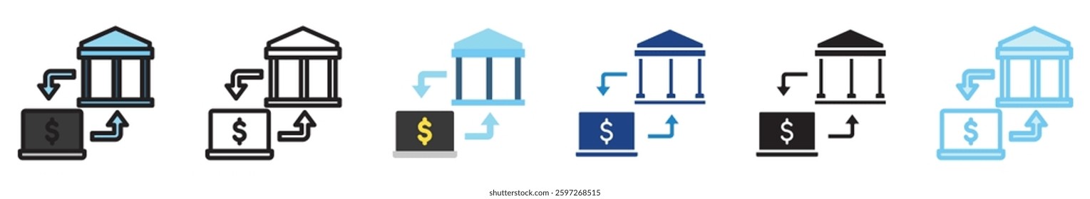 Money Transfer multi style, mini illustration icon set. outline, flat, glyph, line color, UI, UX, app and web, digital or print. related to business, finance, financial technology.