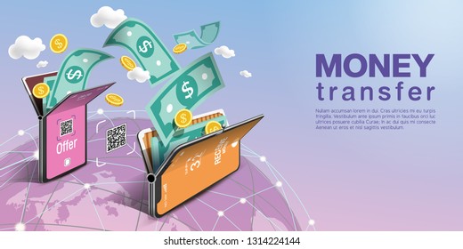 Money Transfer On Mobile Phone, Vector Design. Capital Flow, Earning Or Making Money. Financial Savings