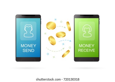 Money transfer or online banking conceptual vector illustration. Process of sending money from one person to another person  using mobile banking