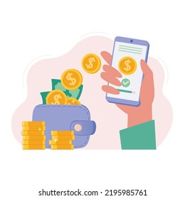 Transferencia de dinero en línea. El efectivo va a la cuenta, transacción usando un smartphone. Movimiento de capital, ganar dinero en internet, operaciones financieras.  Ilustración vectorial plana.