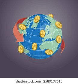 Money transfer and online currency exchange concept. World with currency symbol and arrow. Global investment and financial innovation technology. 3D flat isometric vector.