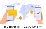 Money transfer online Global mobile financial transaction Transfer money across world with mobile phone Digital payments Hands holding phone transfer app vector illustration Internet banking concept