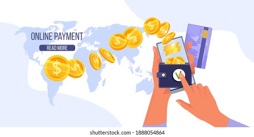 Money transfer, online mobile payment vector concept with smart phone, hands, credit card, flying coins. Safe digital internet transaction flat illustration. Online payment finance business technology