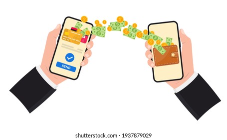 Money Transfer. Online Payment. Send And Receive Money Wireless With Their Phone. Phone With Banking Payment App. Capital Flow, Earning. Financial Savings Or Economy. Money Online On Mobile Phone