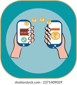 Geldtransfer. Online-Zahlung. senden und empfangen Geld drahtlos mit ihrem Telefon. Telefon mit Bankverbindung. Handys und Telefone mit Transaktionsprozess Vektorgrafik-Stockillustration