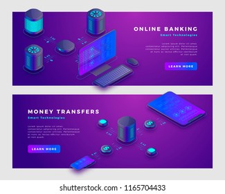 Money transfer operation and online banking concept. Landing page banner template. 3d isometric vector illustration.