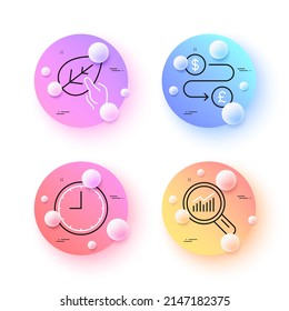 Money transfer, Organic tested and Data analysis minimal line icons. 3d spheres or balls buttons. Time icons. For web, application, printing. Currency exchange, Paraben, Magnifying glass. Vector