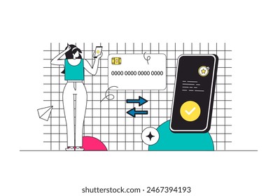 Concepto de Web de esquema de transferencia de dinero en diseño de línea plana moderna. Mujer que utiliza el servicio bancario en línea para enviar o recibir transferencias financieras desde tarjeta de crédito en App móvil. Ilustración vectorial